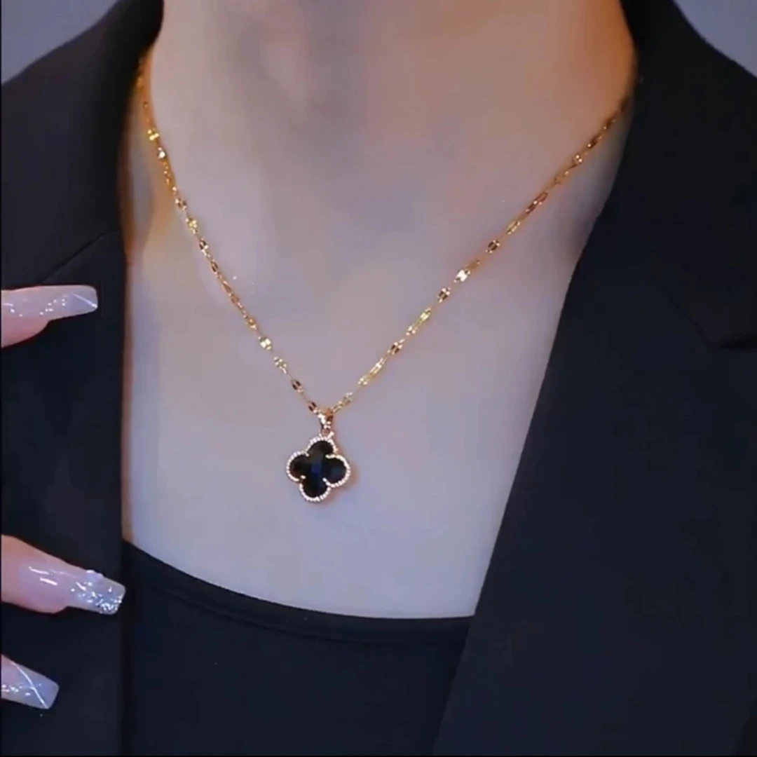 小众网红毛衣链黑色经典四叶花项链女