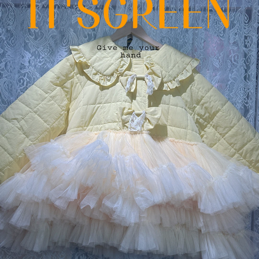 1107端私人定制保暖暖黄色厚外套冬装蝴蝶结拼接网纱蓬蓬裙