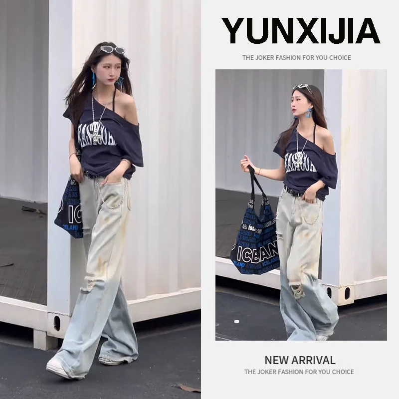 夏季爆款2025年运动风美式穿搭斜领上衣T恤破洞高腰牛仔裤两件套