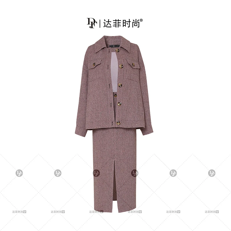 妮-时尚翻领落肩工装风贴袋毛呢外套高腰长款半裙套装DC10134337