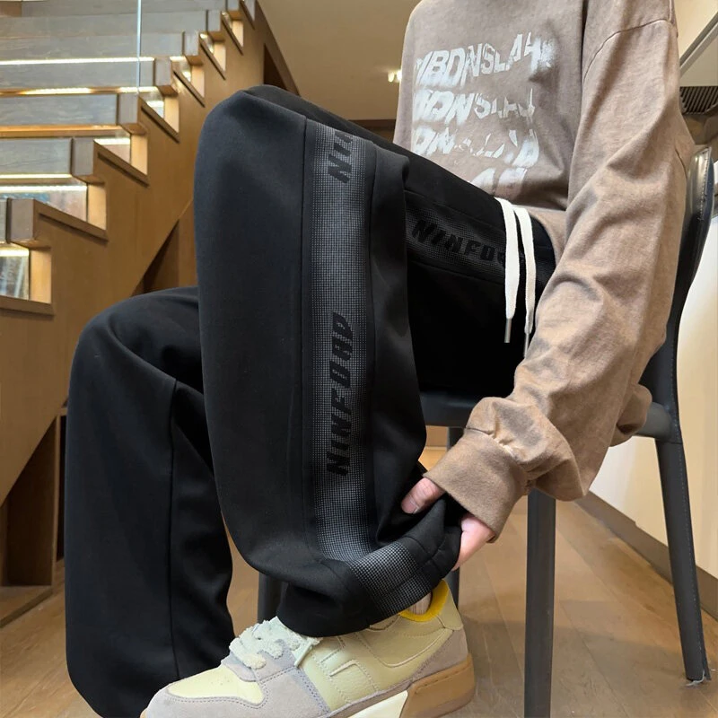 美式垂感运动裤子男夏季2025新款潮流印花宽松直筒青少年百搭卫裤