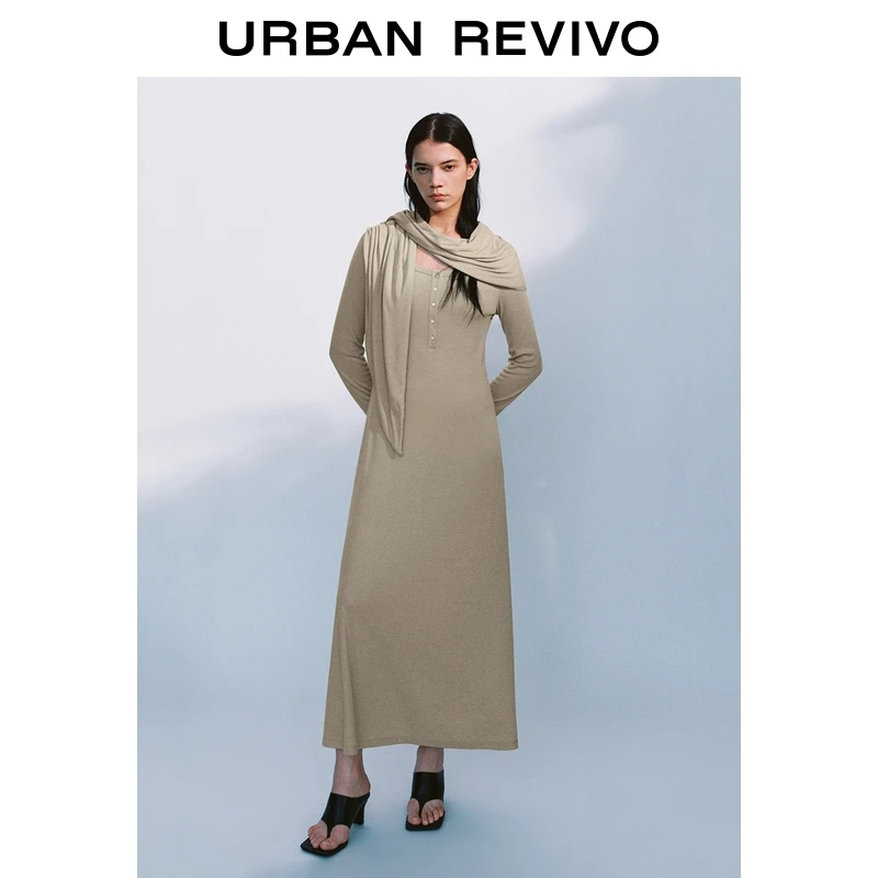 UR2025秋季新款女装流光风披肩绑带纽扣修身连衣裙UWH750093