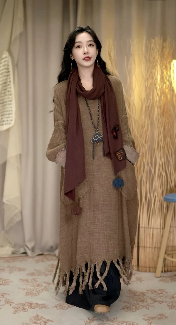 是玖家 / v领色织亚麻流苏袍裙