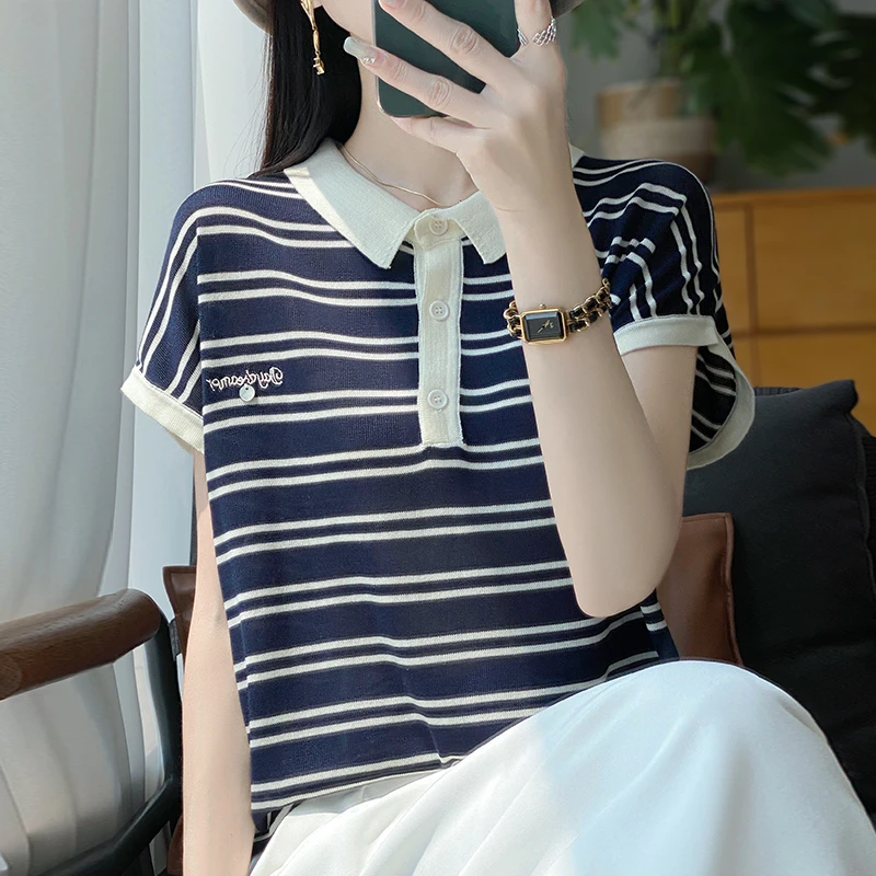 Polo领针织衫女士夏季大码短款上衣洋气显瘦宽松条纹翻领短袖T恤