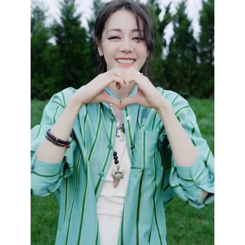 迪丽热巴同款撞色条纹长袖衬衫女薄款宽松慵懒风防晒休闲