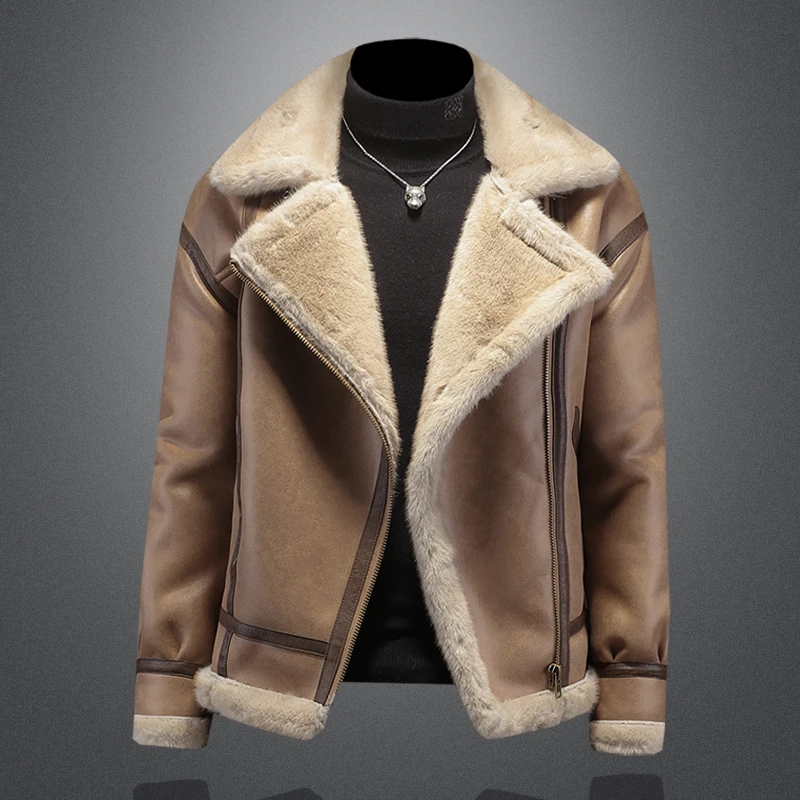 夹克男士冬季加绒保暖骑行机车服高端皮毛一体复古工装麂皮绒外套