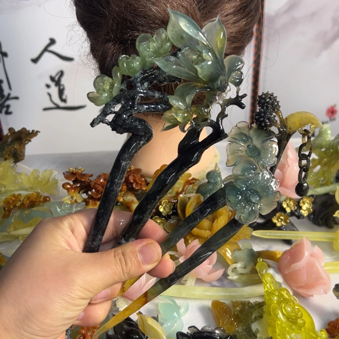 未***长定制蛇纹石玉毛货发饰