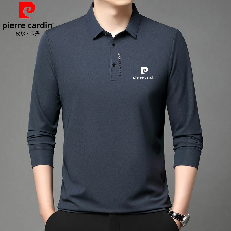皮尔卡丹男士高档桑蚕丝翻领长袖T恤衫秋冬季中年时尚洋气POLO衫
