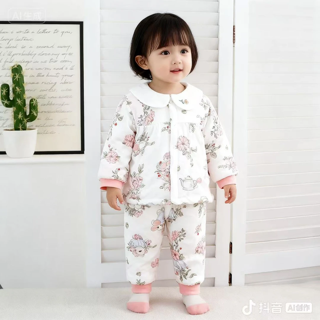 女宝洋气时髦秋冬季棉服高腰纯棉女童保暖碎花新款棉服150克夹棉