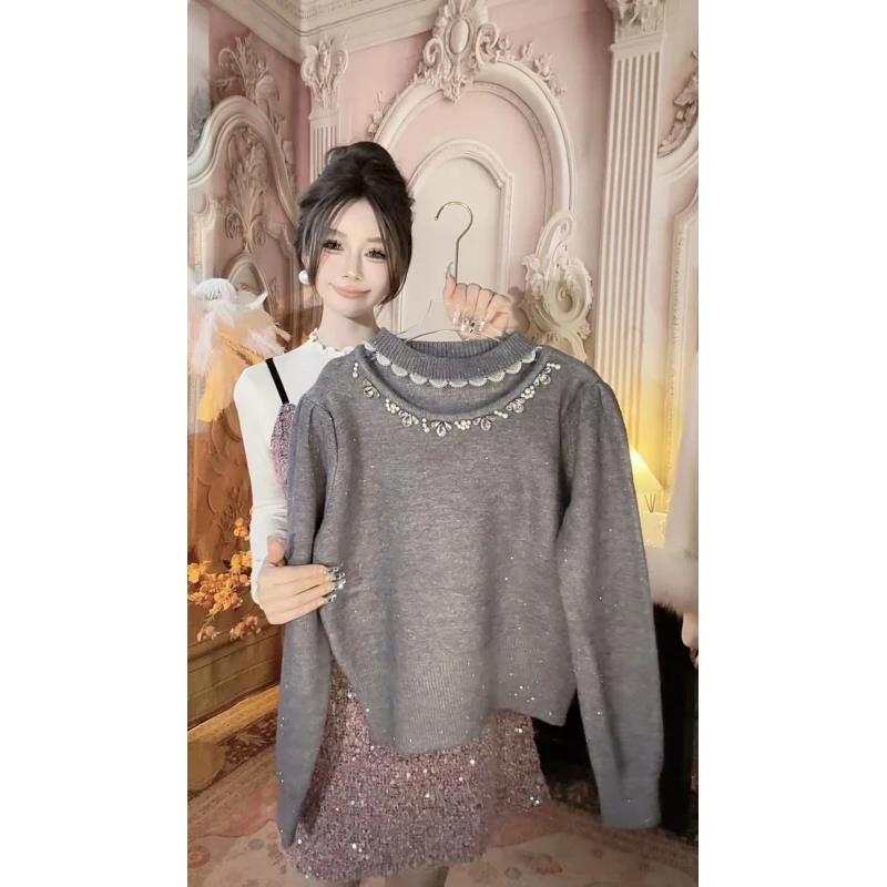 【崔】M0156蕾丝挂脖领钉珠毛衣温柔风针织上衣秋冬款