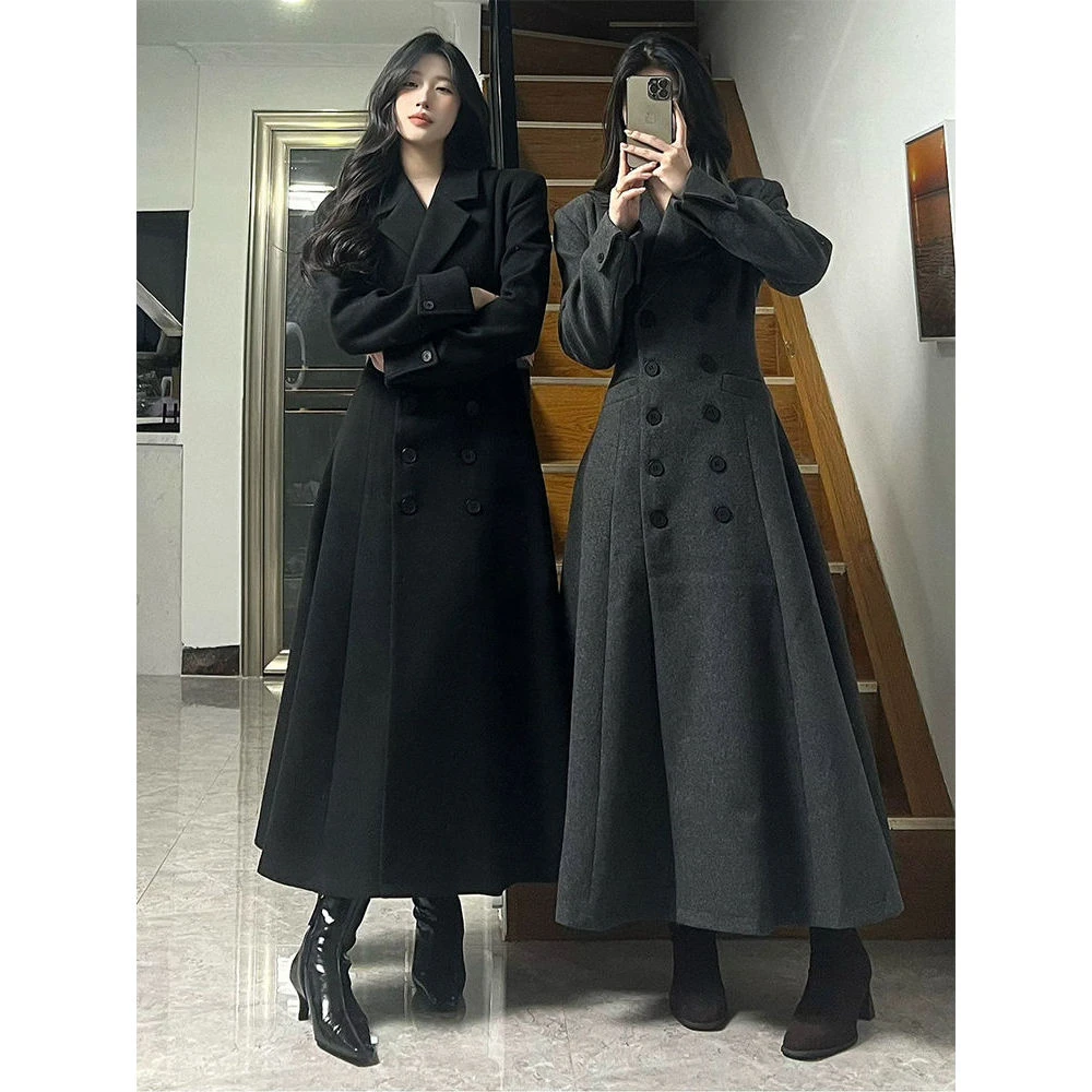 张元英 冬装新款氛围感极简通勤女主穿搭毛呢大衣女中长款连衣裙