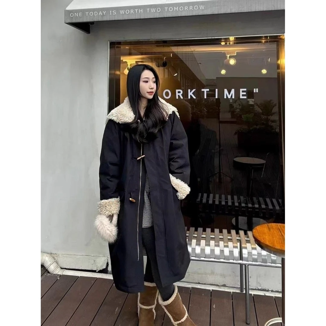 大翻领牛角扣风衣加厚棉服女2025冬天新款韩版学生派克服棉衣外套