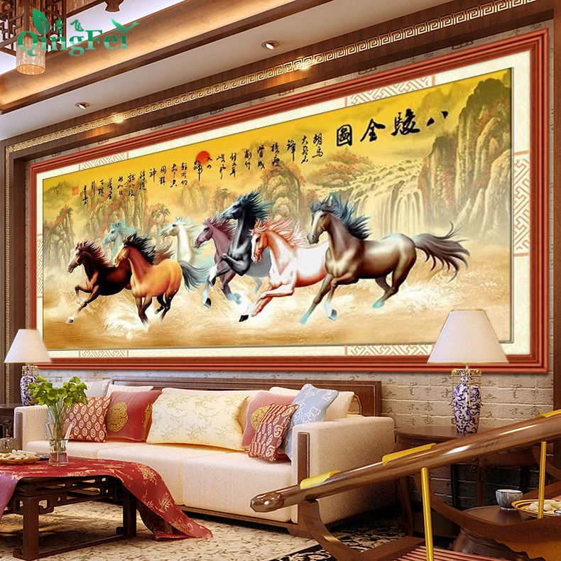 青飞八骏全图马到成功十字绣八马奔腾八骏图丝线满绣DIY刺绣客厅