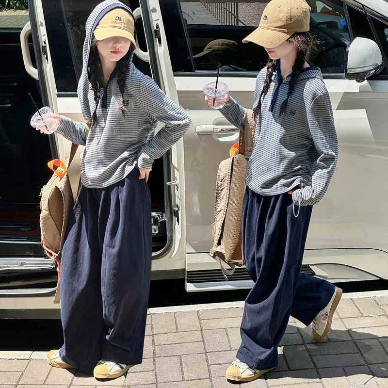 [专柜品质]女童连帽卫衣套装春秋装秋衣儿童韩系衣服女孩条纹上衣