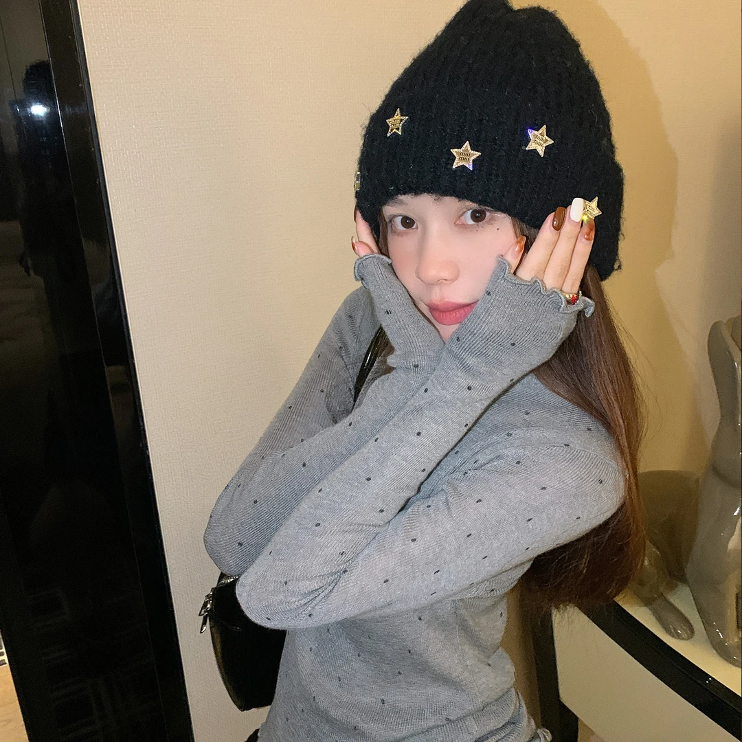 灰色半高领打底衫女春秋冬内搭2025新款波点木耳边长袖高级感上衣
