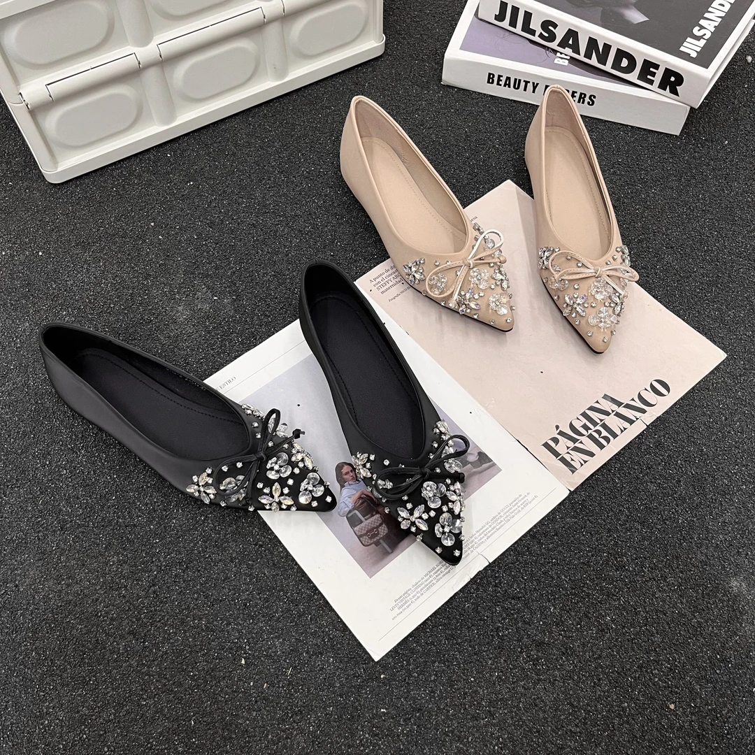 【唯品专属】9112-3法式尖头水钻平底单鞋豆豆鞋女一脚蹬女鞋