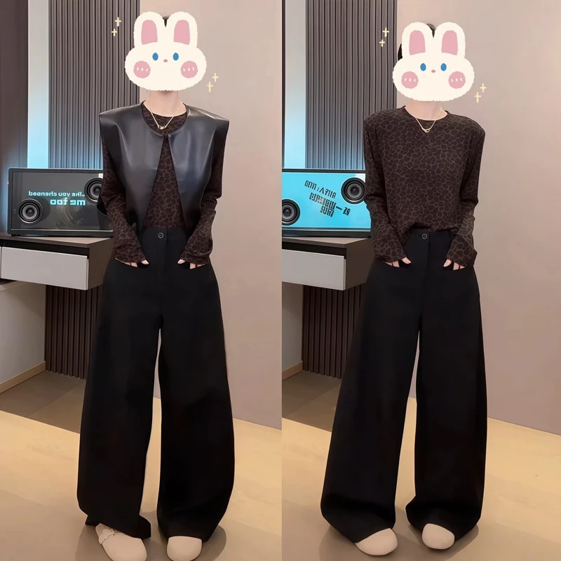 2025秋新款潮流炸街风时尚套装女豹纹圆领上衣+马甲弯刀裤三件套