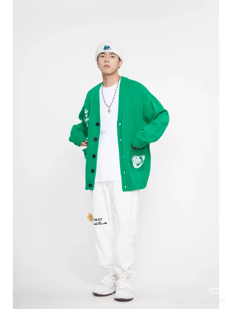 TSMLXLT羊毛精灵绿镂空V领开衫男女外套情侣