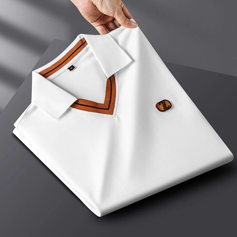 夏季薄款冰丝古巴领刺绣polo衫高端时尚男士修身透气纯色翻领T恤