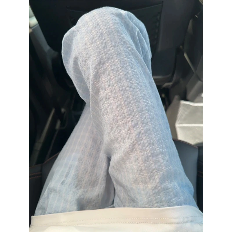 浅蓝色泡泡纱格子裤男夏季薄款透气冰丝速干裤子中性风直筒休闲裤