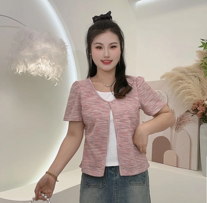 夏季新款2025法式显瘦百搭减龄短袖设计感假两件小众时尚胖mm上衣