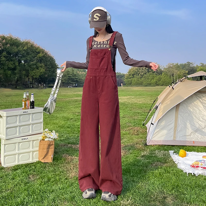 红色港风牛仔背带裤阔腿裤女2025春秋新款显瘦高腰宽松休闲拖地裤