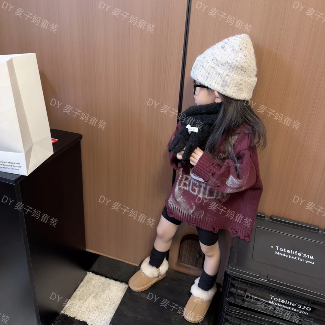 现MZ.儿童冬季新款做旧印花韩版洋气套头破洞毛衣2166