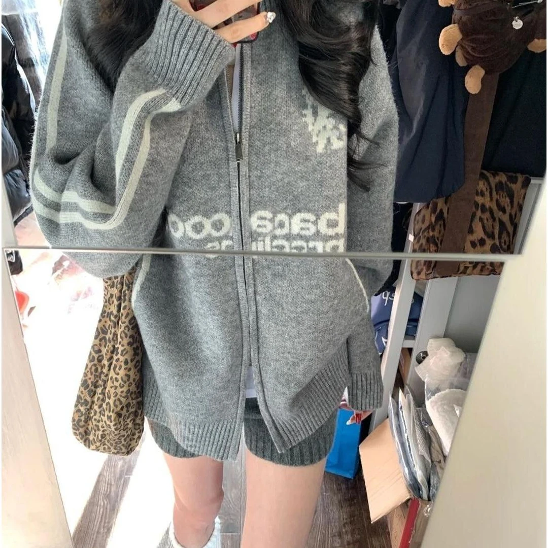 实价#绵羊绒#棒球风翻领拉链毛衣开衫女外套秋冬季韩版宽松针织衫