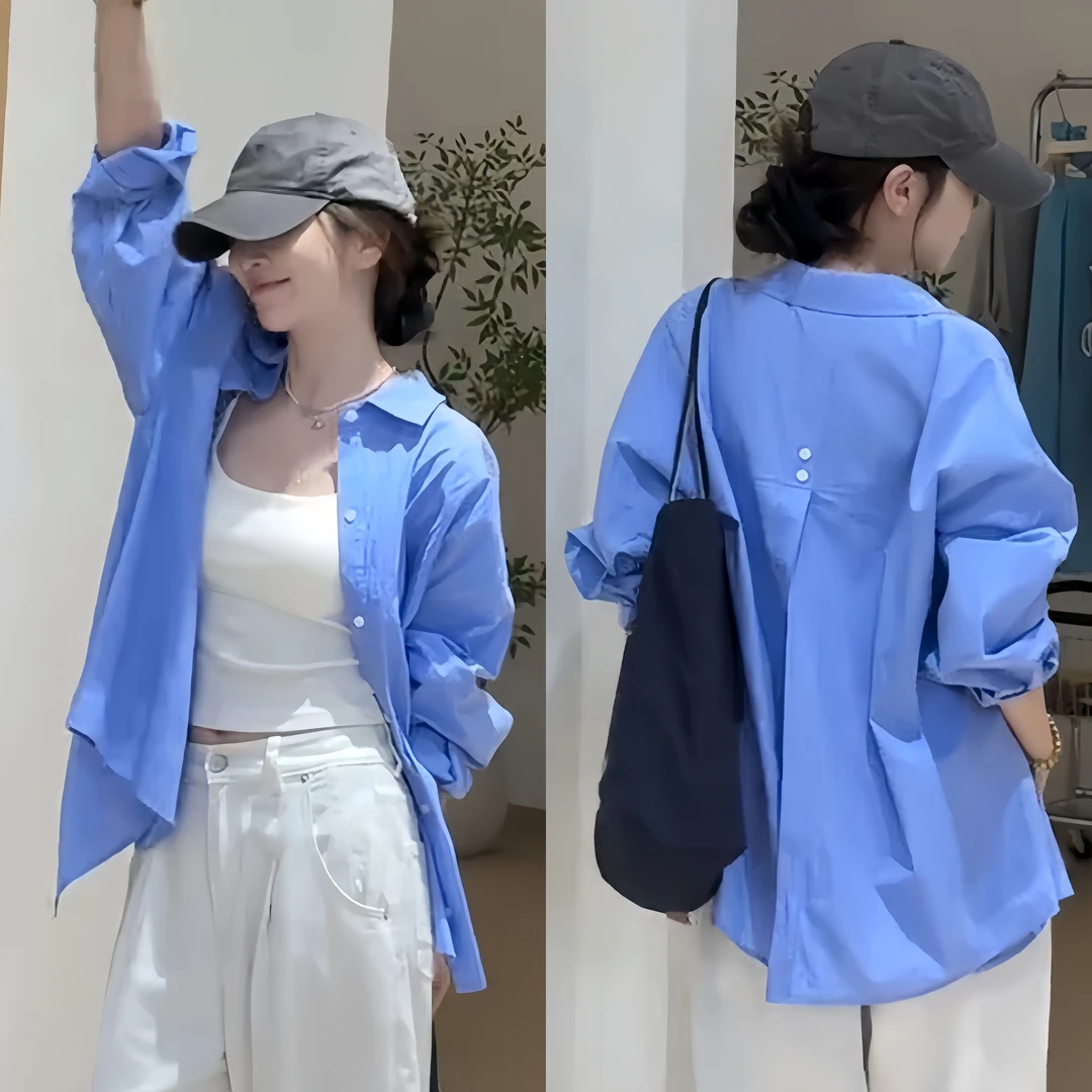 韩系后背开叉蓝色衬衫女2025夏季空气感元气显瘦休闲百搭宽松衬衫