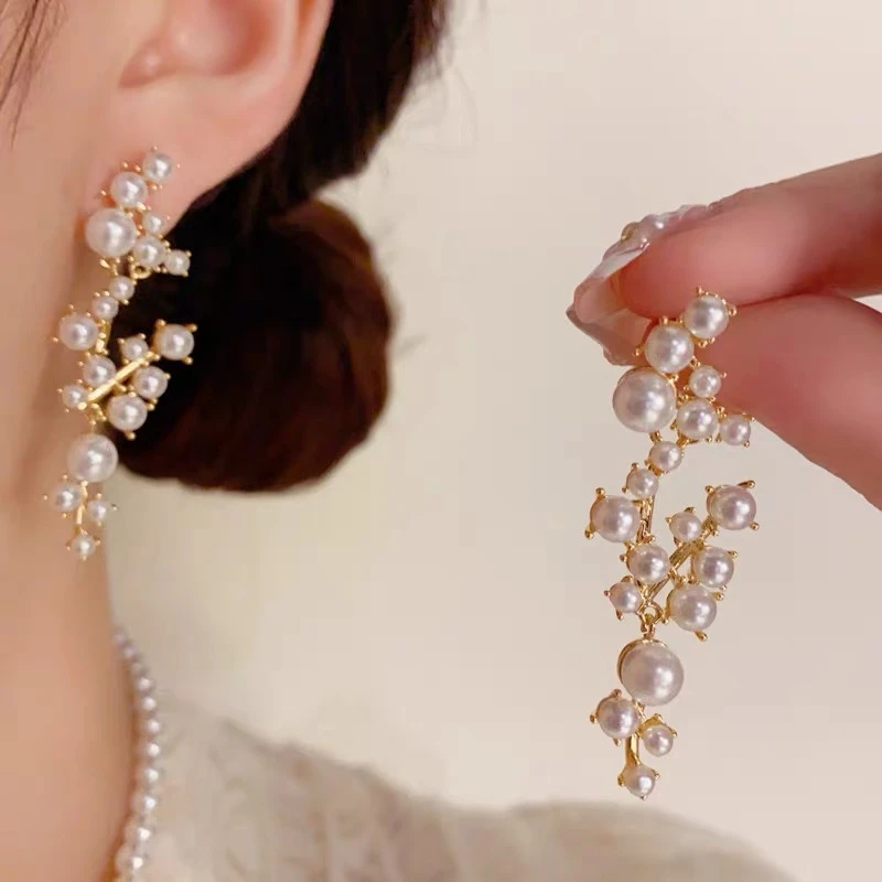 铜合金耳饰 新款气质树枝珠珠耳环长款小众设计高级感耳饰女B227