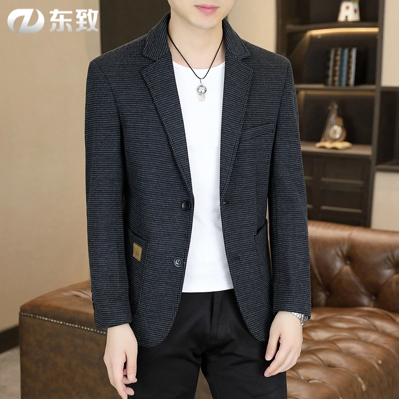 高档休闲西服男士时尚商务修身千鸟格子西装中青年潮流帅气外套