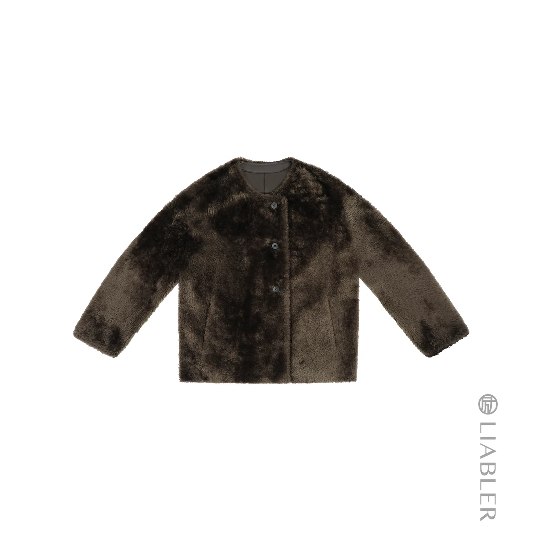 LIABLER J贵气羊毛革绒面圆领短款皮草侧插袋外套 LAW25415F