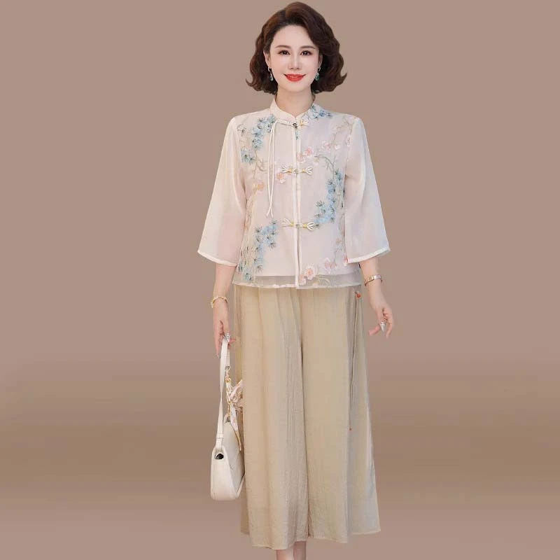新中式妈妈夏装套装国风雪纺衫2025新款中老年春夏季七分袖上衣女