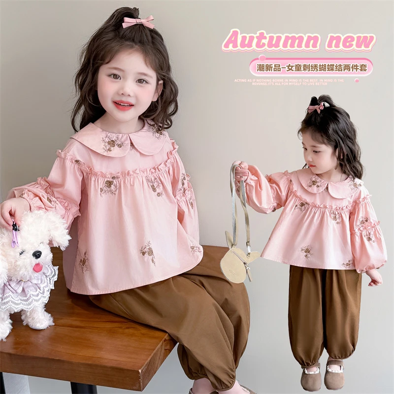 女童春秋季两件套2025新款女宝宝蝴蝶结洋气套装儿童花朵刺绣秋装