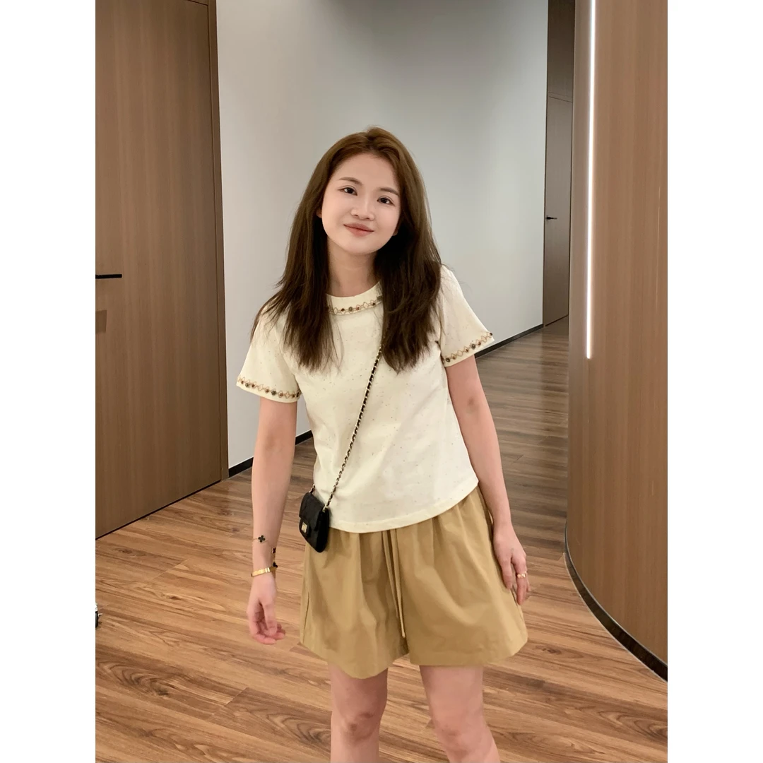 YO定制设计感复古时髦钉珠圆领短袖T恤夏季百搭精致宽松减龄上衣