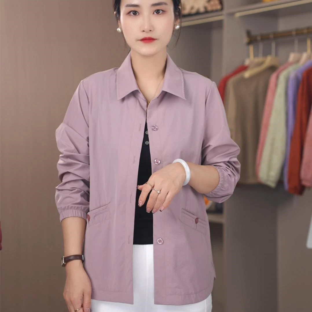 中年妈妈装纯色长袖衬衫外套女士春秋季新款宽松百搭开衫夹克上衣