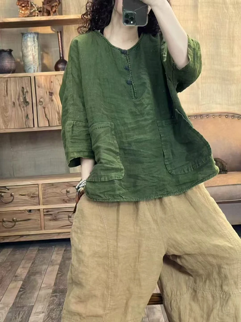 夏季亚麻炒色做旧明线半开扣女装上衣(长63胸围146)