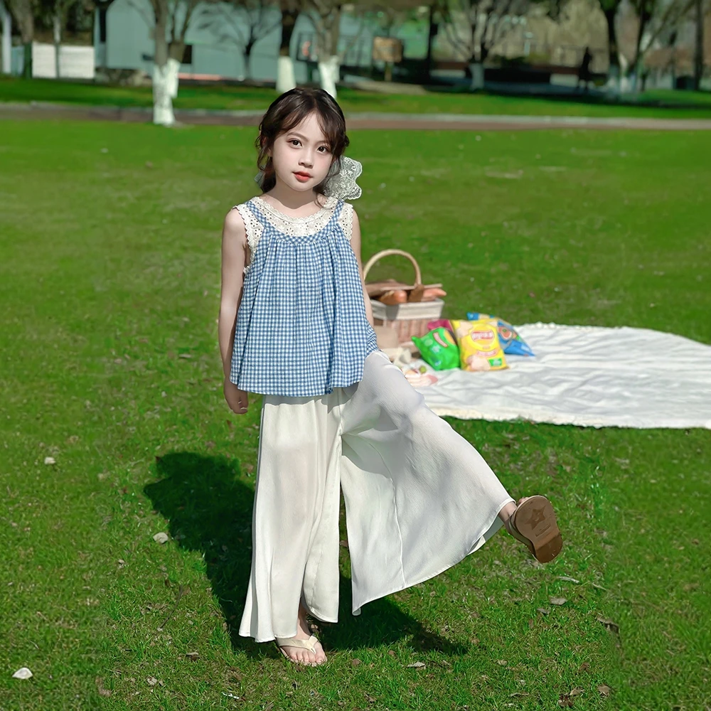 网红女童格子假两件上衣套装2025夏季新款女孩冰丝阔腿裙裤两件套