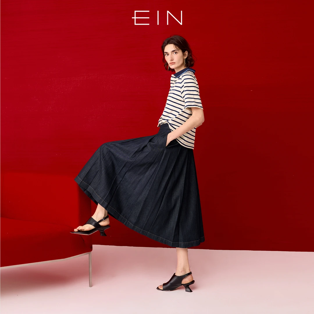 EIN/言牧云复古学院风立裁A字型文艺牛仔百褶裙半身裙25夏季新款