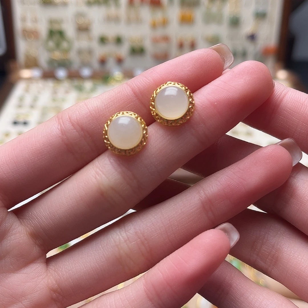 和田玉银S925镀金镶嵌耳饰