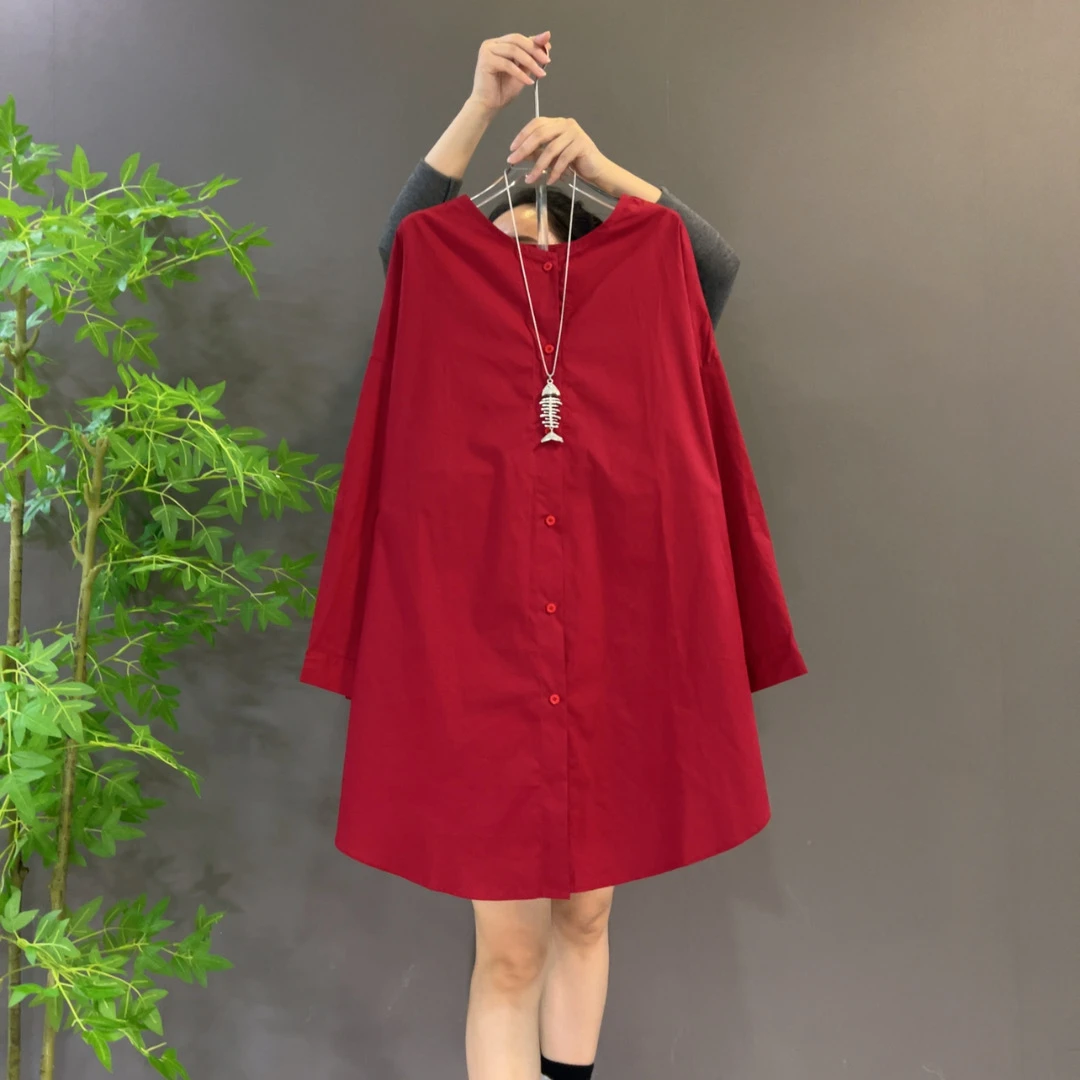 676新款洋气百搭红色衬衣前后两穿设计百搭大码简约中长款衬衫