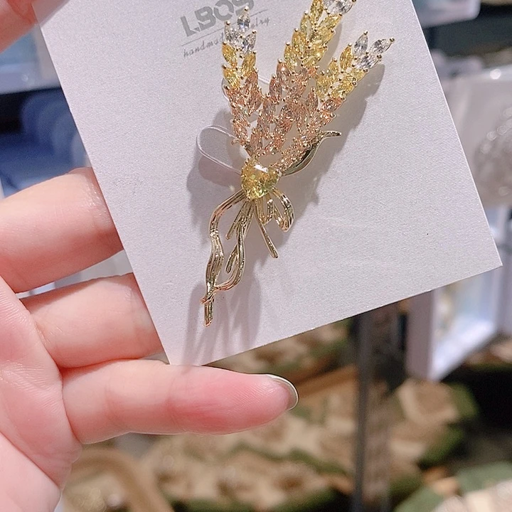 铜合金锆石小麦穗胸针