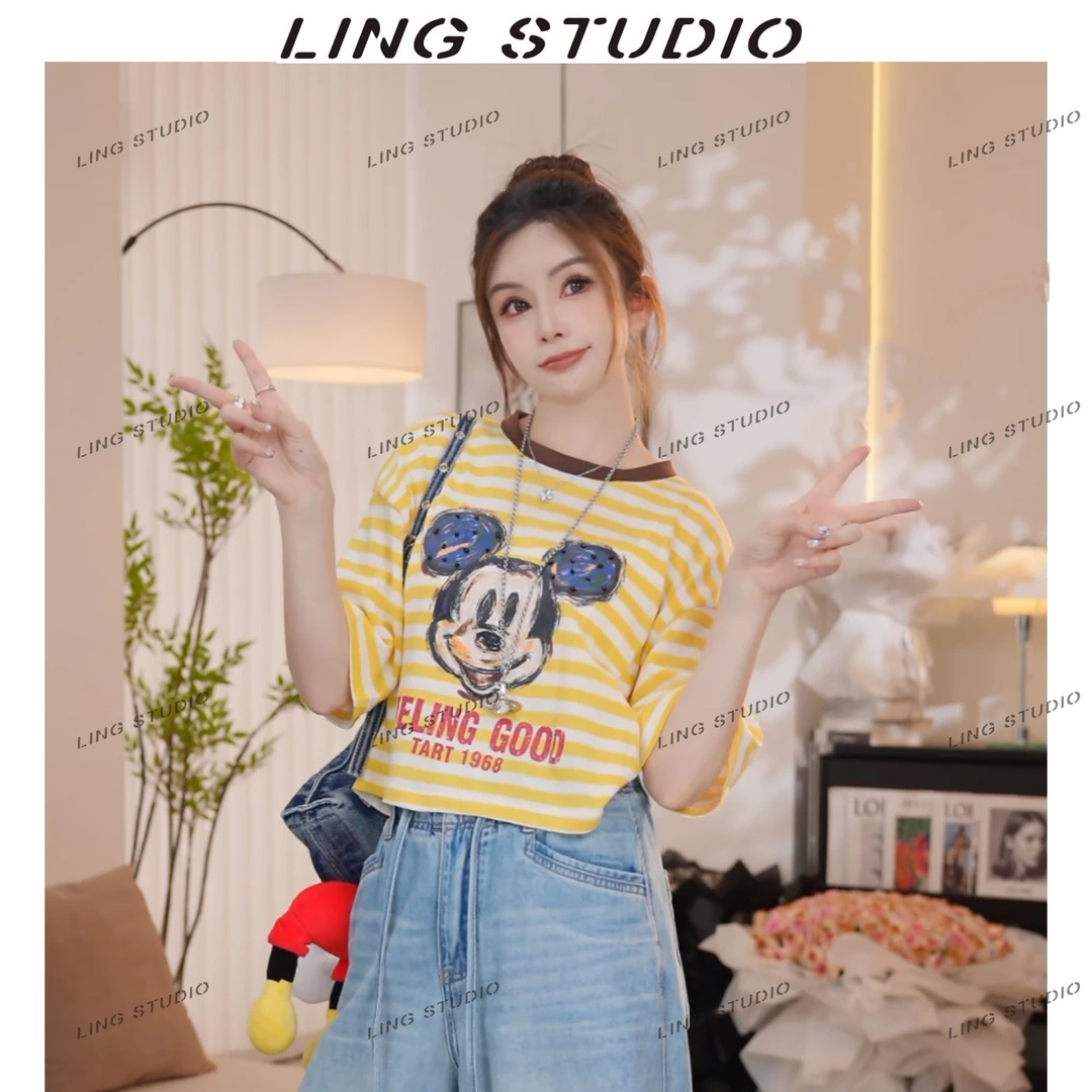 LING/STUDIO『米奇仔』夏季百搭时尚条纹圆领短袖5052401