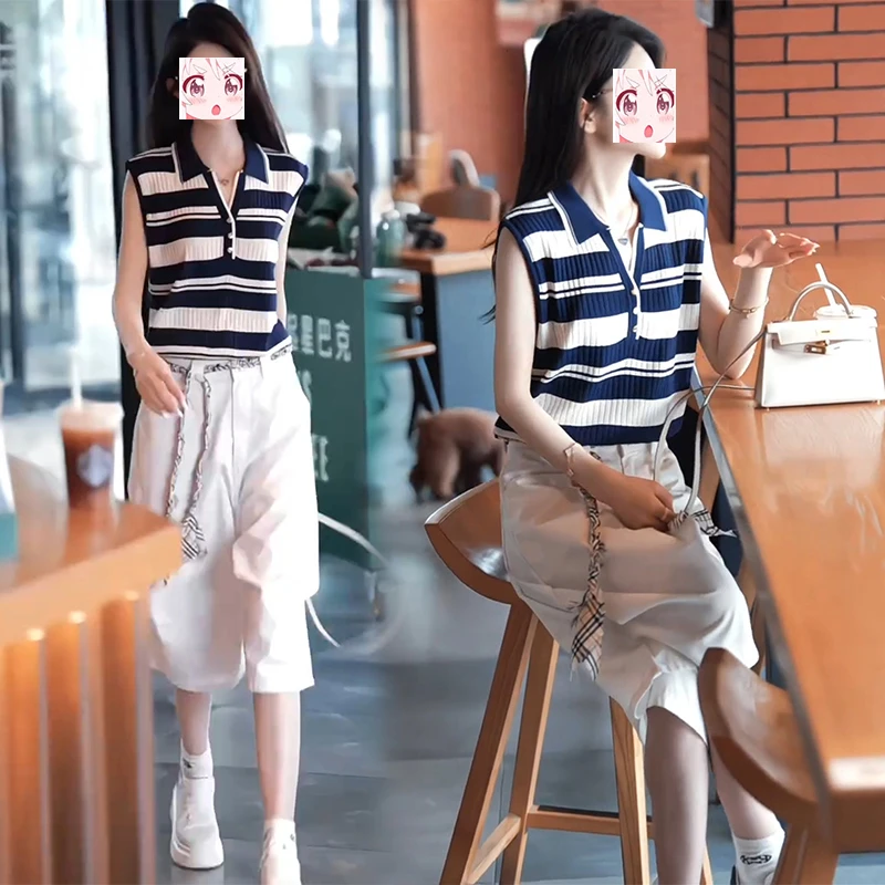 2025夏季Polo领条纹短袖针织衫设计感高腰六分裤子显瘦两件套装女