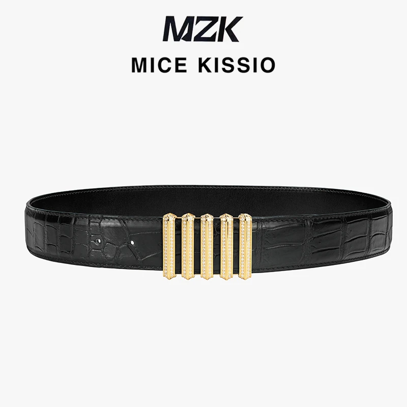 MZK男士时尚商务高档休闲黑色鳄鱼皮腰带五排钻镀金扣皮带裤腰带