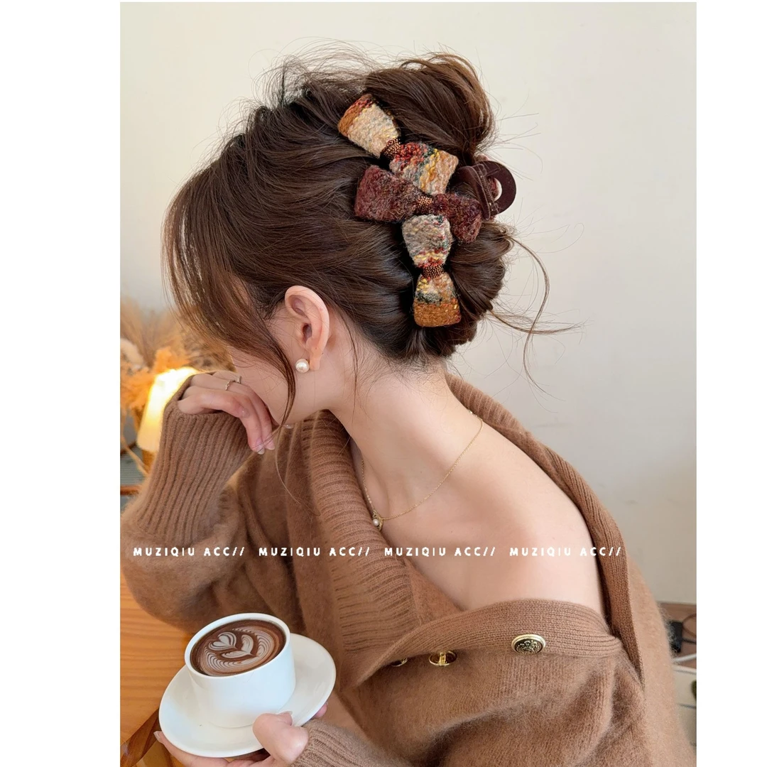 木子秋焦糖奶咖~小香风毛呢蝴蝶结抓夹ins高级感时髦洋气小众发夹