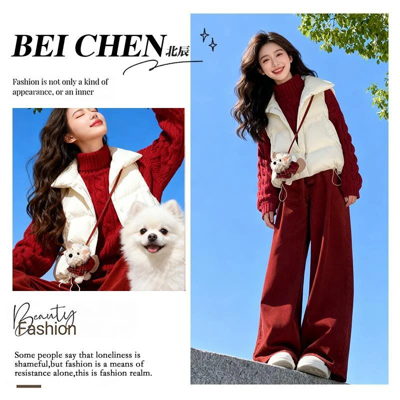 2025冬季套装新款学生学院风棉服马甲红色毛衣阔腿裤三件套装