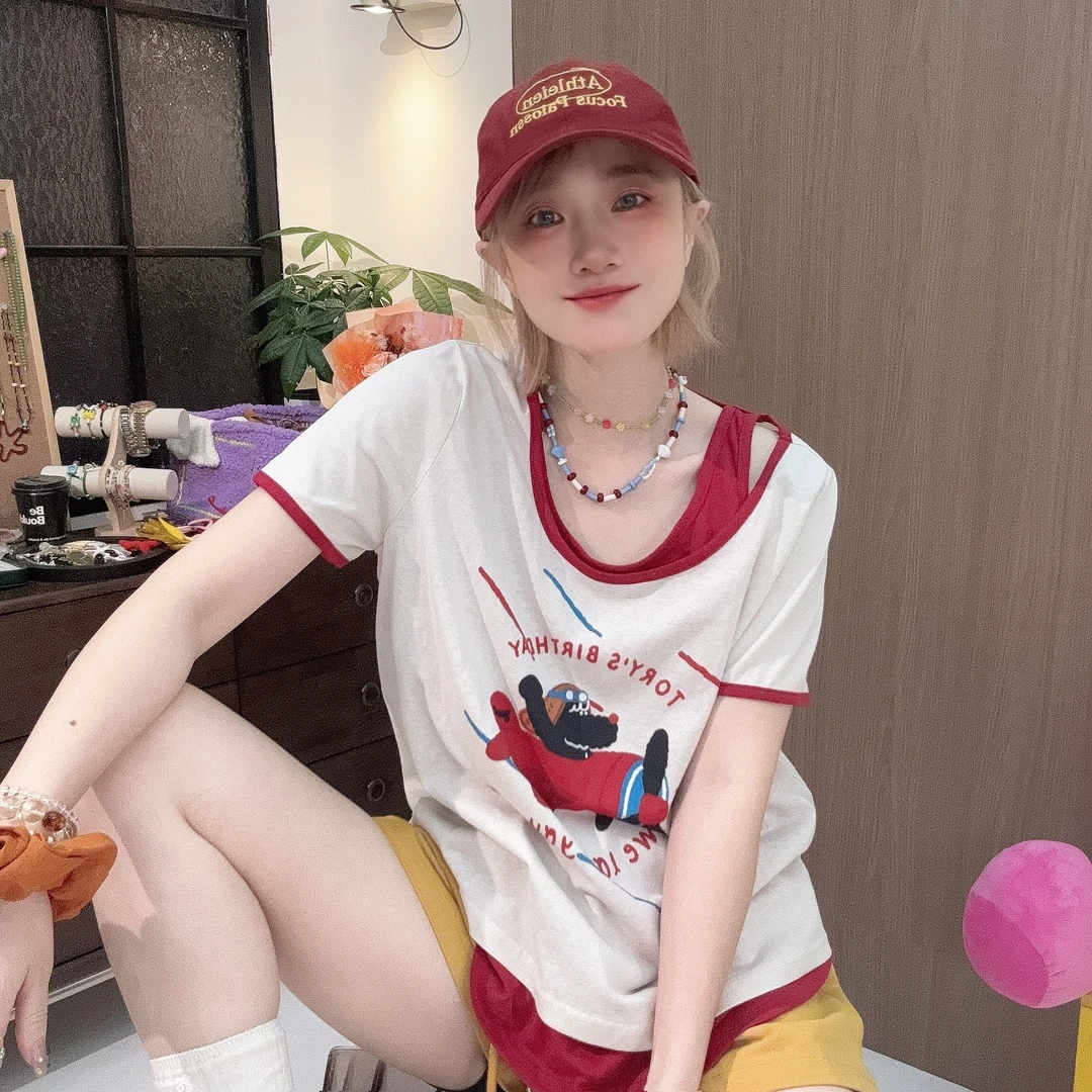 Apr.【飞行员】假两件薄款夏季百搭宽松撞色数码印减龄女T恤25ST409