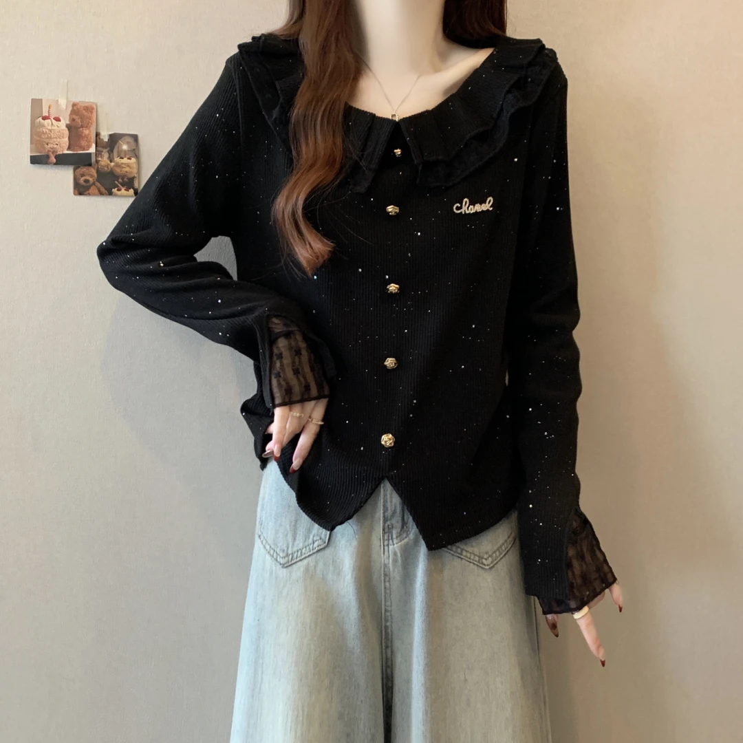 大码女装遮肚子亮片娃娃领长袖打底衫女春秋胖mm显瘦小众短款上衣