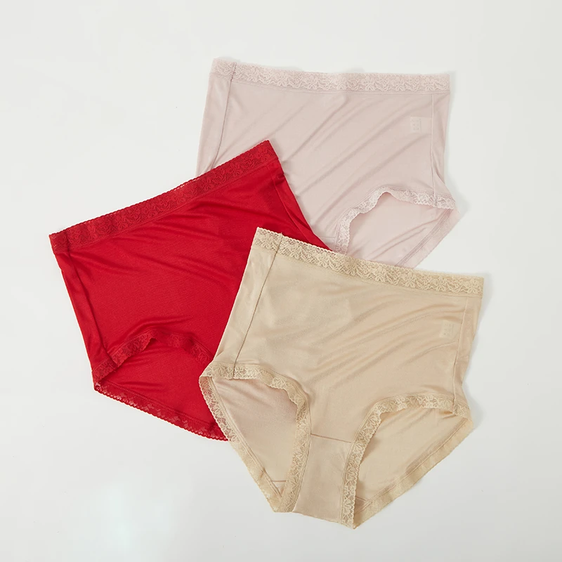 P哥100桑蚕丝圣诞新年抑菌舒适蕾丝高腰女三角裤【2件惊喜】2531